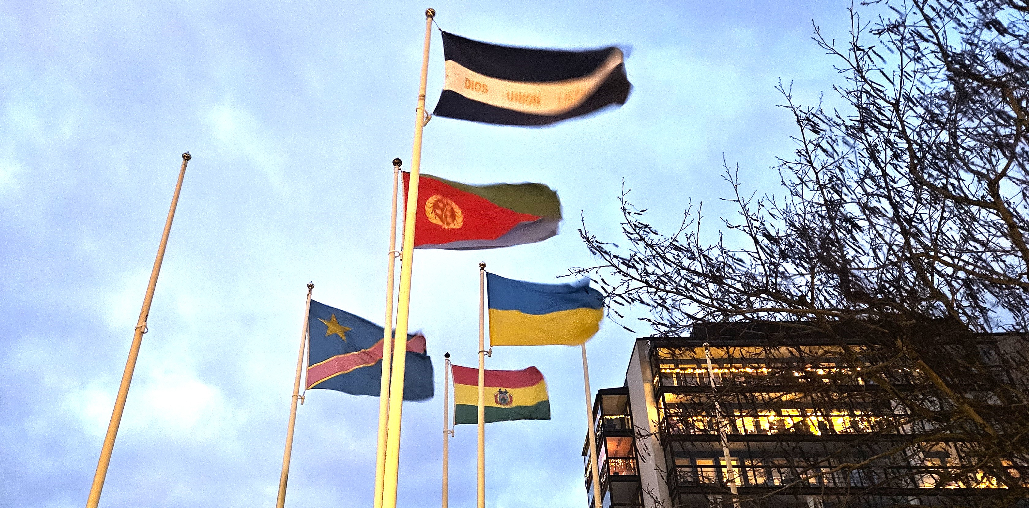 Ukrainas flagga tillsammans med flaggor från Bolivia, Eritrea, Salvador och Kongo utanför Stjärnvägen 2. 15 december 2025.