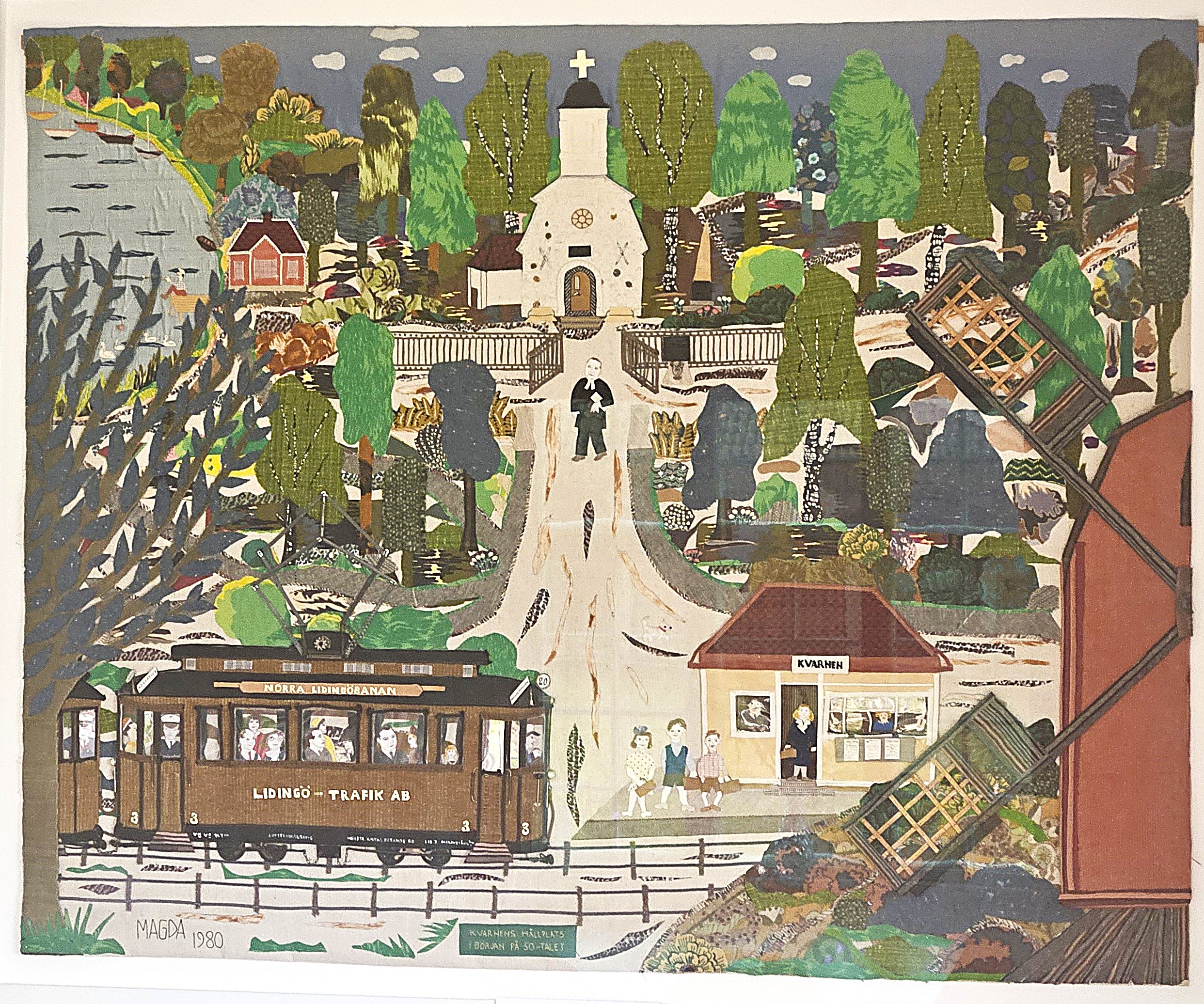 Magda Svanboms tygcollage "Kvarnens hållplats och Lidingö kyrka" från 1980 hänger på Lidingö museum. 7 oktober 2025
